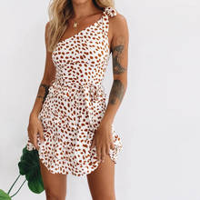 Leopardo dot boho vestido feminino casual sem mangas praia um ombro babados sexy elegante senhora highcintura mini vestido 2024 - compre barato