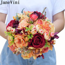 JaneVini Vintage Orange Burgundy Bridal Bouquet 2020 Artificial Rose Silk Bridesmaid Flower Wedding Bouquets Brooch Boutonniere 2024 - buy cheap