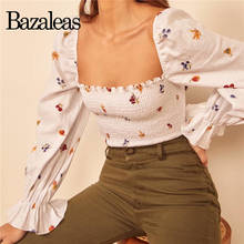 Bazaleas harajuku Elastic shirt Vintage Flare Sleeve Blouse Chic Cute Floral Print ropa mujer Fashion Square Collar blouse 2024 - buy cheap