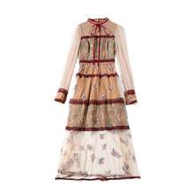 Bunniesfairy 2021 verão feminino celebridade-inspirado royal vintage flor bordado malha retalhos khaki midi vestido de manga longa 2024 - compre barato