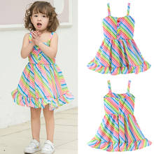 Vestido de verano para niñas pequeñas, ropa con volantes y tirantes de princesa, trajes a rayas del arco iris, vestidos de fiesta con botones y tirantes 2024 - compra barato