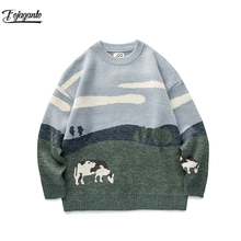 FOJAGANTO Men Cows Prairie Vintage Sweaters Winter 2021 Pullover Mens O-Neck Korean Fashions Casual Harajuku Sweater Male 2024 - buy cheap