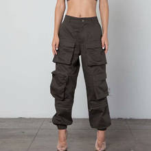 Calça cargo feminina de cintura alta, calça de cintura alta casual, larga, com bolso, moda urbana, 2020 2024 - compre barato