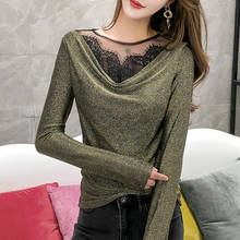 #5701 Black Red Silver Gold Shiny Basic T Shirt Women Spliced Lace Sexy Mesh T-shirt Female Long Sleeved Slim Elastic Mesh Tops 2024 - buy cheap