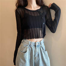 Fashion Short Knitted Cardigan Summer Slim Thin Round Collaar Long Sleeve Women's T-shirts sexy See-through Irregular Crop Tops 2024 - buy cheap