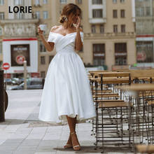 LORIE Simple Tea-length Wedding Dress Off the shoulder White Ivory Satin A-line Short Bride Gowns Beach Back Lacing Wedding Gown 2024 - buy cheap