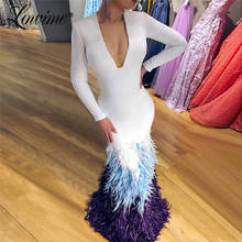 African Feather Evening Dress White Mermaid Party Dresses Robe De Soiree 2019 Formal Dress Arabic Prom Gowns V Neck Vestido 2024 - buy cheap