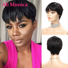 Ali Monica-Peluca de cabello humano corto con flequillo, pelo Remy brasileño liso con corte Pixie, hecha a máquina, sin encaje 2024 - compra barato