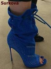 Surkova-Botines de ante azul real con agujeros pequeños, zapatos de vestir de tacón alto fino con cordones, sandalias de Punta abierta con volantes 2024 - compra barato
