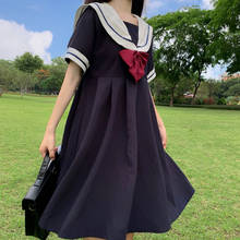 Harajuku robe Gothic Cosplay solid Dress Women preppy style sailor Collar Vintage Bandage bow Casual Pleated Long Dresses 2024 - buy cheap