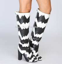 Novas botas de couro preto e branco, cores mistas, salto grosso, botas longas femininas, sexy, bico redondo, salto grosso, zíper, próximo ao joelho, botas altas 2024 - compre barato