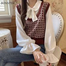Women Sets Peter Pan Collar Lantern Sleeve Single Breasted Sweet Shirts Vintage Retro O-neck Geometric Knitted Vests Korean Chic 2024 - buy cheap