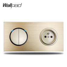 Wallpad L6 Gold 2 Gang Light Switch Blue LED Indicator French Electric Outlet Wall Socket Gold  Brushed Aluminum Metal Panel 2024 - buy cheap