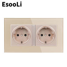 EsooLi-toma de corriente con Panel de cristal para pared, doble toma de corriente estándar de la UE, color dorado, 16A, conexión a tierra con puerta protectora para niños 2024 - compra barato