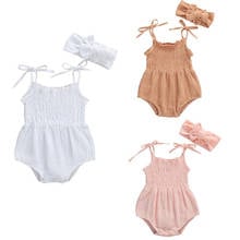 0-18M NEW Summer Newborn Baby Girls Clothing Infant Boys Solid Cotton Linen Bodysuits Sleeveless Strap Jumpsuits +Headband 2024 - buy cheap