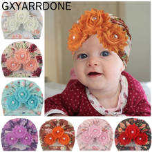2020 Baby Girls Beanie Floral Spring Summer Pearls Newborn Hat Three Shabby Flower Turban Hat Infant Baby Cap 12 Colors 2024 - buy cheap