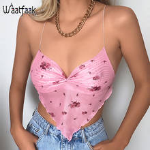 Waatfaak rosa floral impressão 90s topo brattle 2000s estética indie ver através de malha colheita topos feminino sem costas verão streetwear 2024 - compre barato