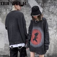 Dueweer Black Ripped Sweaters Harajuku Japanese Cartoon Knit Pullover Fashionable Men Women Long-sleeve Sweater Hip Hop 2024 - buy cheap