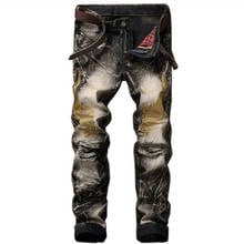 EL BARCO Vintage Camouflage Ripped Holes Men Jeans Cotton Feathers Embroidery Hip Hop Denim Pants Slim Streetwear Male Trousers 2024 - buy cheap