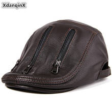 Xdanqschap boina em couro legítimo masculina, chapéu com aba de pele de carneiro, da moda, estilo meia-idade 2024 - compre barato