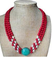 Beautiful 3 Rows 7-8mm White Freshwater Pearls & Red Coral Beads Necklace jade Clasp (17"-19") 2024 - buy cheap