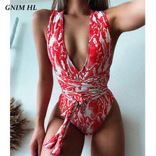 GNIM-traje de baño de una pieza para Mujer, Bikini con cuello de pico profundo para Mujer, bañador Sexy de vendaje sin espalda, ropa de playa con estampado de serpiente, Bikini 2020 2024 - compra barato