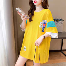 #0642 Black Yellow White Long T Shirt Women Cotton Casual Hip Hop T Shirt Loose Spliced Color Short Sleeve T Shirt Femme Summer  2024 - buy cheap