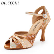 DILEECHI Latin Dance Shoes Women New laser Rhinestone Fish mouth Satin Salsa Party Ballroom Dancing Shoes Skin bronze heel 9cm 2024 - buy cheap