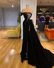 Elegant Arabic Style Women Evening Dress 2021 Gold Beaded Sexy High Slit Black Velvet Dubai Formal Gowns Robe Prom Gala Dresses 2024 - buy cheap