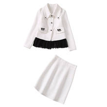 Outono inverno roupas femininas duas peças conjunto preto malha retalhos branco tweed jaqueta + saia curta apertada 2024 - compre barato