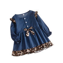 4-7years menina emenda denim vestido em torno do pescoço manga longa leopardo arco vestido casual 2024 - compre barato