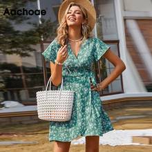Женское мини-платье с запахом Aachoae, летнее богемное платье с цветочным принтом, V-образным вырезом, ТРАПЕЦИЕВИДНОЕ пляжное платье с коротким рукавом, 2021 2024 - купить недорого