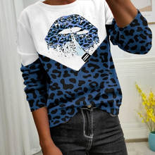 Camiseta feminina estampa de leopardo, blusa de manga longa com gola redonda, primavera 2021 2024 - compre barato
