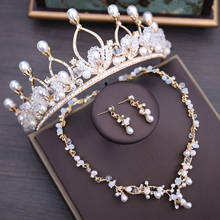 Conjunto de joyería nupcial con perlas de cristal de oro Vintage barroco, conjunto de joyas de boda con diamantes de imitación Noble, collar, pendientes, Tiaras, conjunto de corona 2024 - compra barato