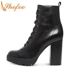 Black High Chunky Heels Ankle Boots Woman Round Toe Lace Up Zipper Booties Big Size 13 16 Lady Retro Patent Leather Shoes Shofoo 2024 - buy cheap