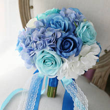 Sexemplara buquê de casamento artesanal, buquê de noivas feito a mão com flor azul de rosa, buquê para casamento 2024 - compre barato