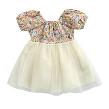Летнее цветочное платье принцессы для маленьких девочек, милое кружевное Тюлевое платье-пачка с пышными рукавами для малышей, ТРАПЕЦИЕВИДНОЕ платье с бантом на спине и цветами для детей от 0 до 3 лет 2024 - купить недорого