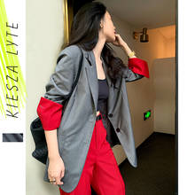 Офисный женский клетчатый Блейзер корейский Стильный серый тонкий контрастный цвет блейзеры 2020 Новая женская куртка Mujer 2024 - купить недорого
