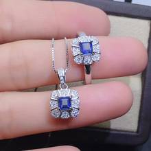 Fashion delicate Square Natural blue sapphire gem S925 silver ring Pendant natural gemstone Jewelry Set girl party gift jewelry 2024 - buy cheap