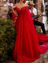 JaneVini-vestido de noche largo de tul para mujer, vestido Formal Sexy rojo con capa, escote Corazón, Apliques de encaje con cuentas, 2020 2024 - compra barato