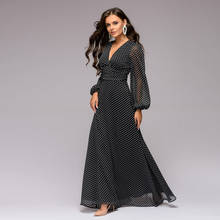 MOARCHO Casual Black Polka Dot Chiffon Dress Woman Deep V-Neck High Waist Lantern Sleeve Floor-Length Dress New Fashion 2024 - buy cheap