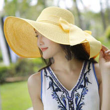Chapéu de palha de verão chapéu de praia grande borda larga chapéu de sol dobrável bloco de sol proteção uv bowknot chapéu osso chapeu feminino novo 2024 - compre barato