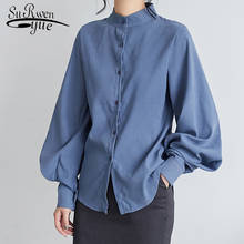 Korean Vintage Lantern Sleeve Stand Collar Loose Women Tops and Blouses 2021 Autumn Winter Female Long Sleeve Shirt 6593 50 2024 - buy cheap