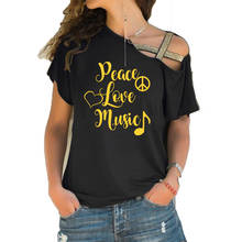 Camiseta paz love música diy, camiseta musical engraçada feminina fashion nova irregular skew estilo bandagem cruzada 2024 - compre barato