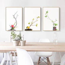 Pintura de tela de bonsai, plantas nórdicas modernas, flor, ramos verdes e flores vermelhas, poster e impressão, arte de parede, decoração de casa, sala de estar 2024 - compre barato