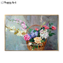Pintura al óleo de flores pintadas a mano de alta calidad sobre lienzo, pintura de Rosa naranja y cesta de flores de colores, pintura de pared 2024 - compra barato