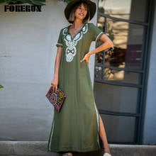 FORERUN-Vestido largo de algodón con cuello de pico profundo para mujer, traje de baño bordado con abertura lateral, ropa de playa informal, Verano 2024 - compra barato