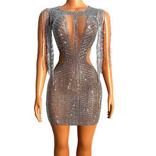 Sparkly rhinestone franja transparente vestidos curtos mulheres aniversário celebrar corrente ombro outfit feminino dançarino vestido de noite 2024 - compre barato