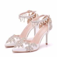 2021 spring tassel rhinestone pearl fashion stiletto high heel women's sandals pointed toe high size banquet dress wedding shoes 2024 - compre barato