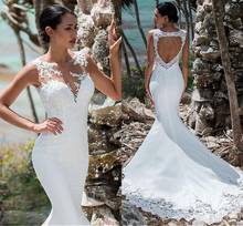 Sexy Mermaid Wedding Dress Lace Beads Sleeveless Open Back Appliqued Illusion Neck Boho Wedding Gown Long Tail 2022 2024 - buy cheap